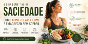 Ilustração mostrando alimentos saudáveis ricos em proteínas e fibras representando o controle da fome e da saciedade.